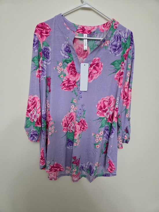 Dear Scarlett Tops - Dear Scarlett Lavender Tunic with Pink Rose Print-Size XL